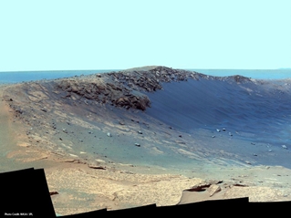 Panoramic image of the surface of Mars made from multiple Mars Exploration Rover images stitched together.